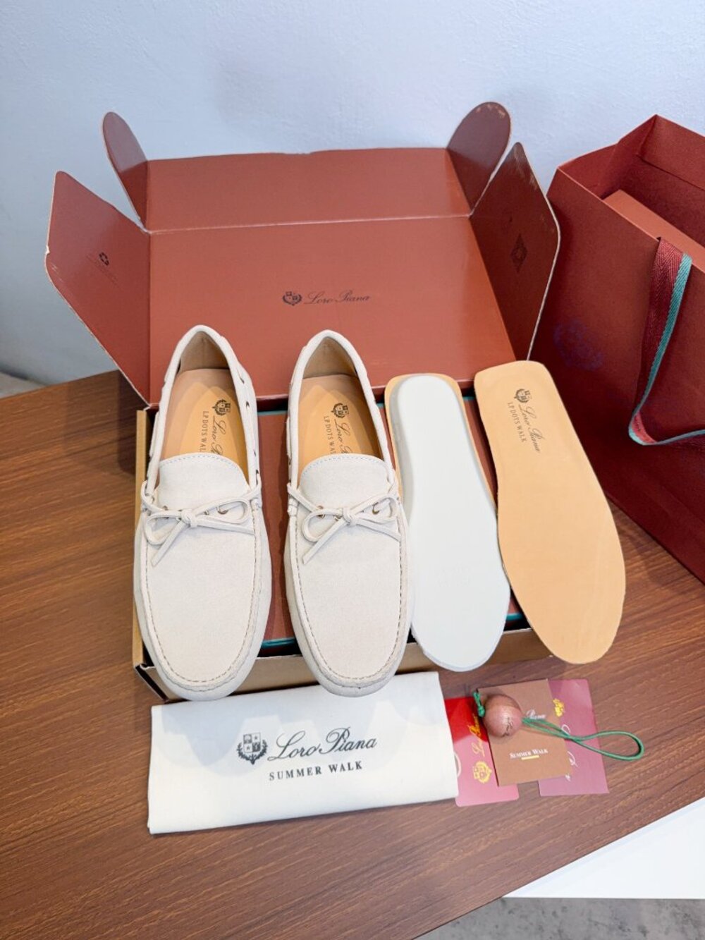 Loro Piana Suede Dots Walk Bow Loafers Off White Driving Moccasins Shoes